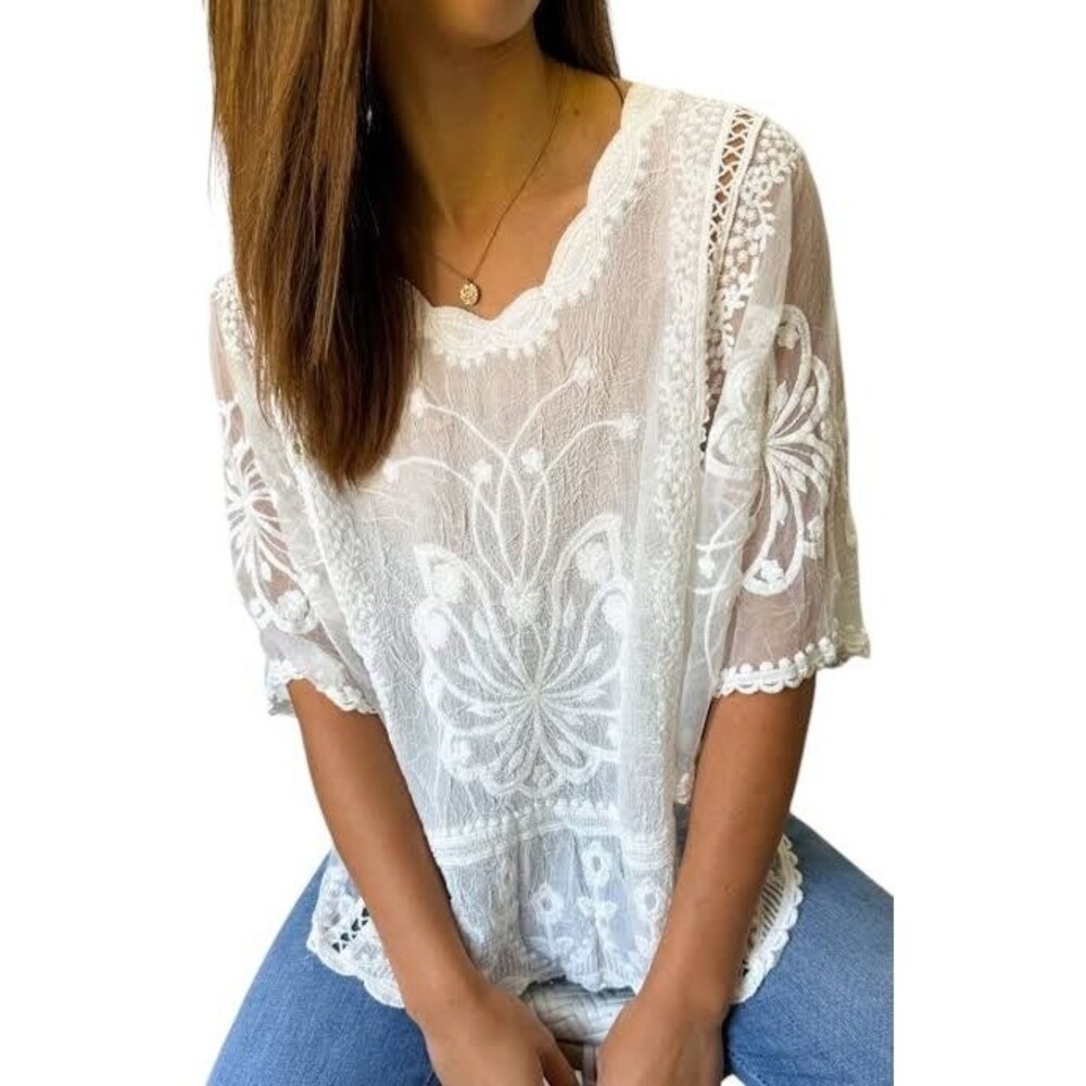Ana & Rose White Embroidered Tunic Sz 3X Sheer Butterfly Batwing Lace Sleeves